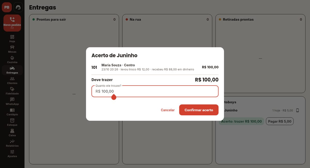 Acerto do motoboy: o troco que ele levou, o dinheiro que recebeu, quanto deve trazer e quanto a loja paga a ele.