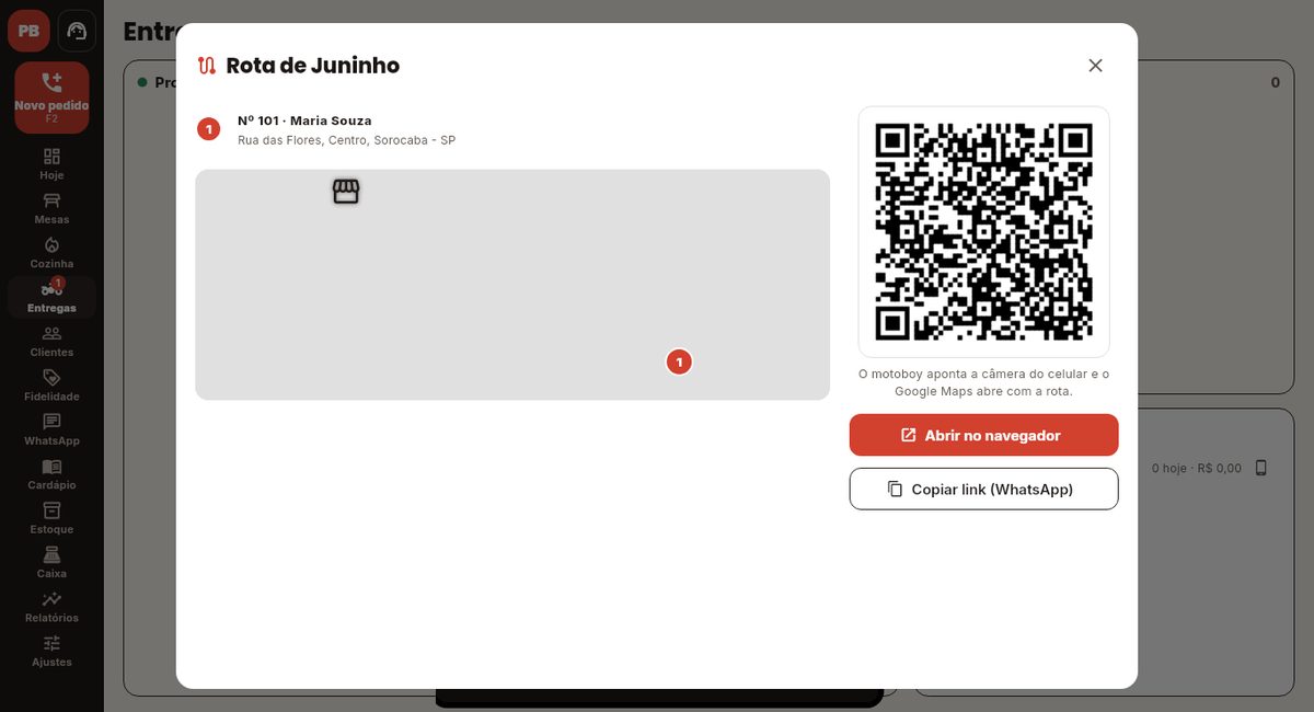 Rota do motoboy: o mapa com as paradas e um QR code que abre o Google Maps com a rota no celular dele.