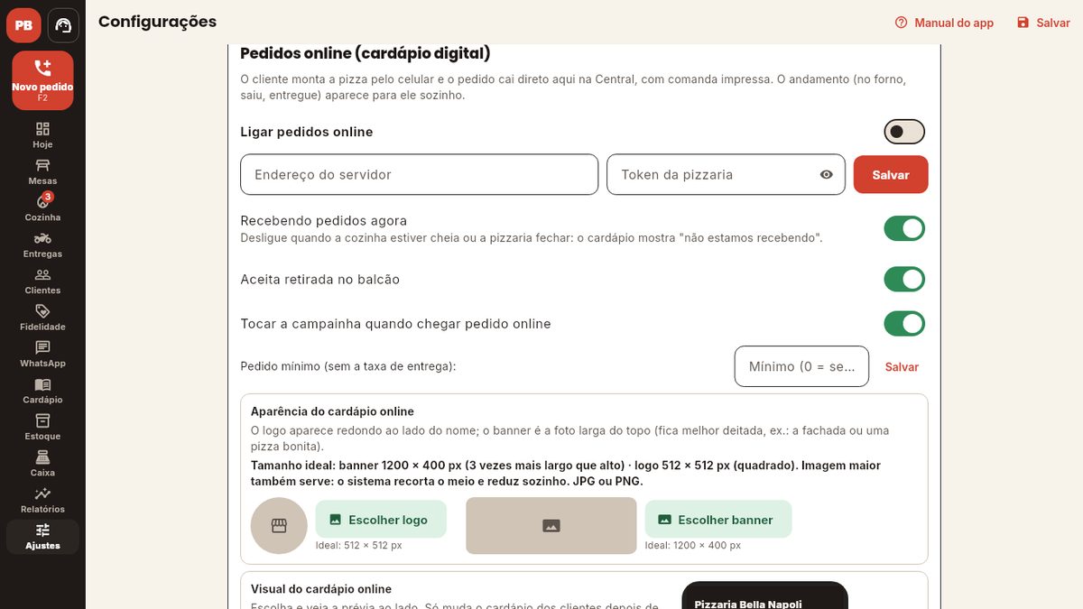 Ajustes › Pedidos online: é aqui que você liga o cardápio digital e conecta a conta de pagamento da loja.